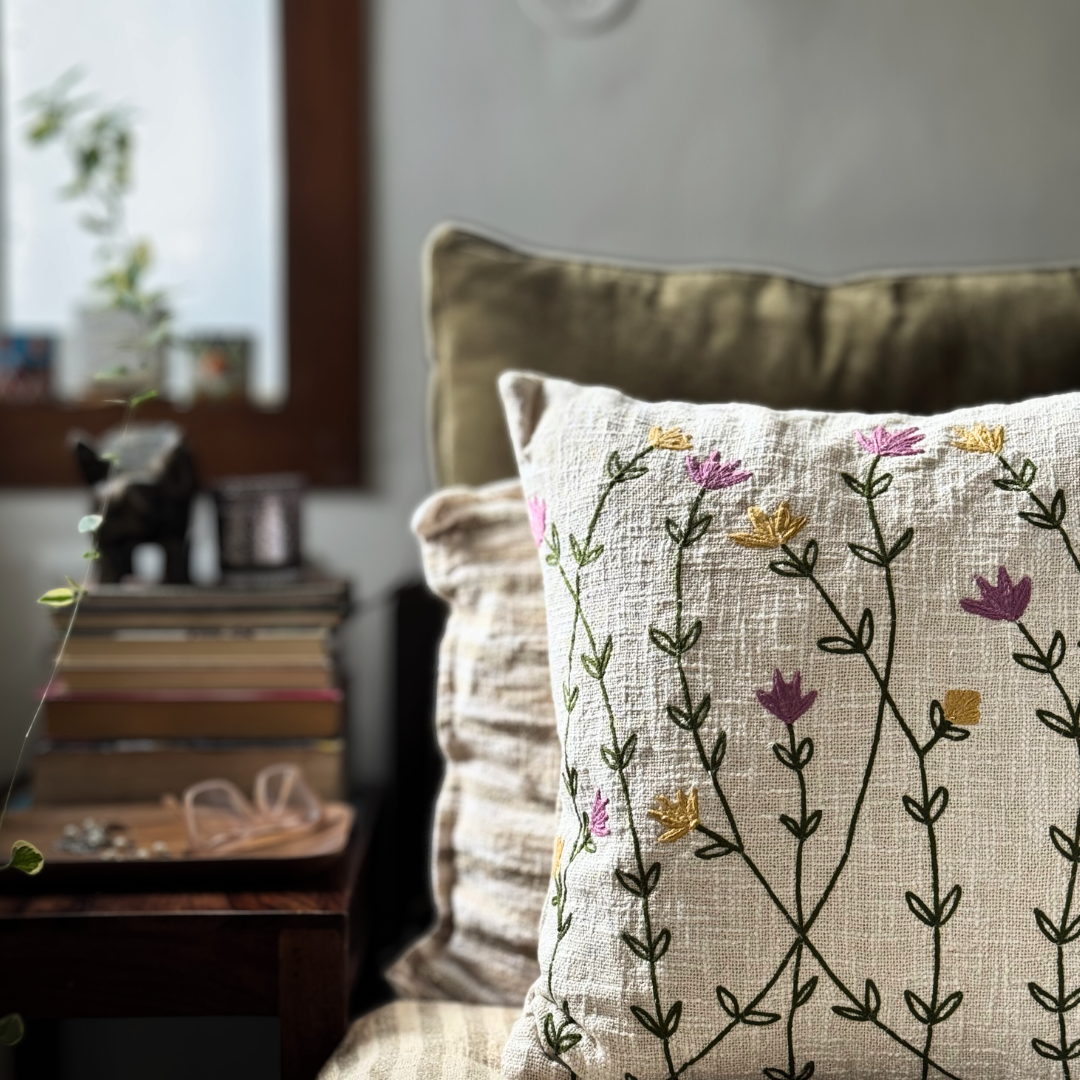 Wildflower Meadow Embroidered Cushion Cover on Textured Cotton