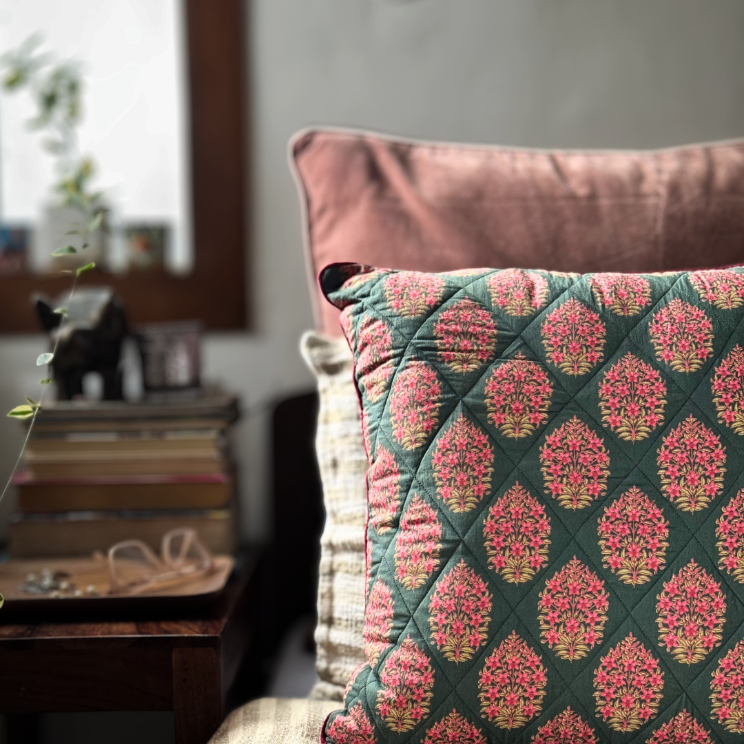 Sunset Bloom Cushion Cover Floral Quilted Cotton