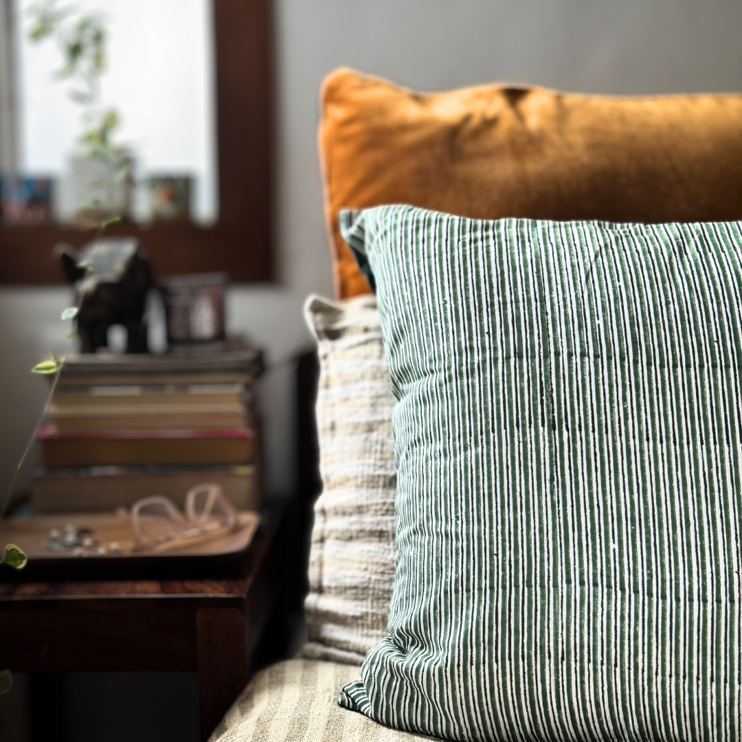 Mallee Silk Hand Block Printed Striped Cushion Cover