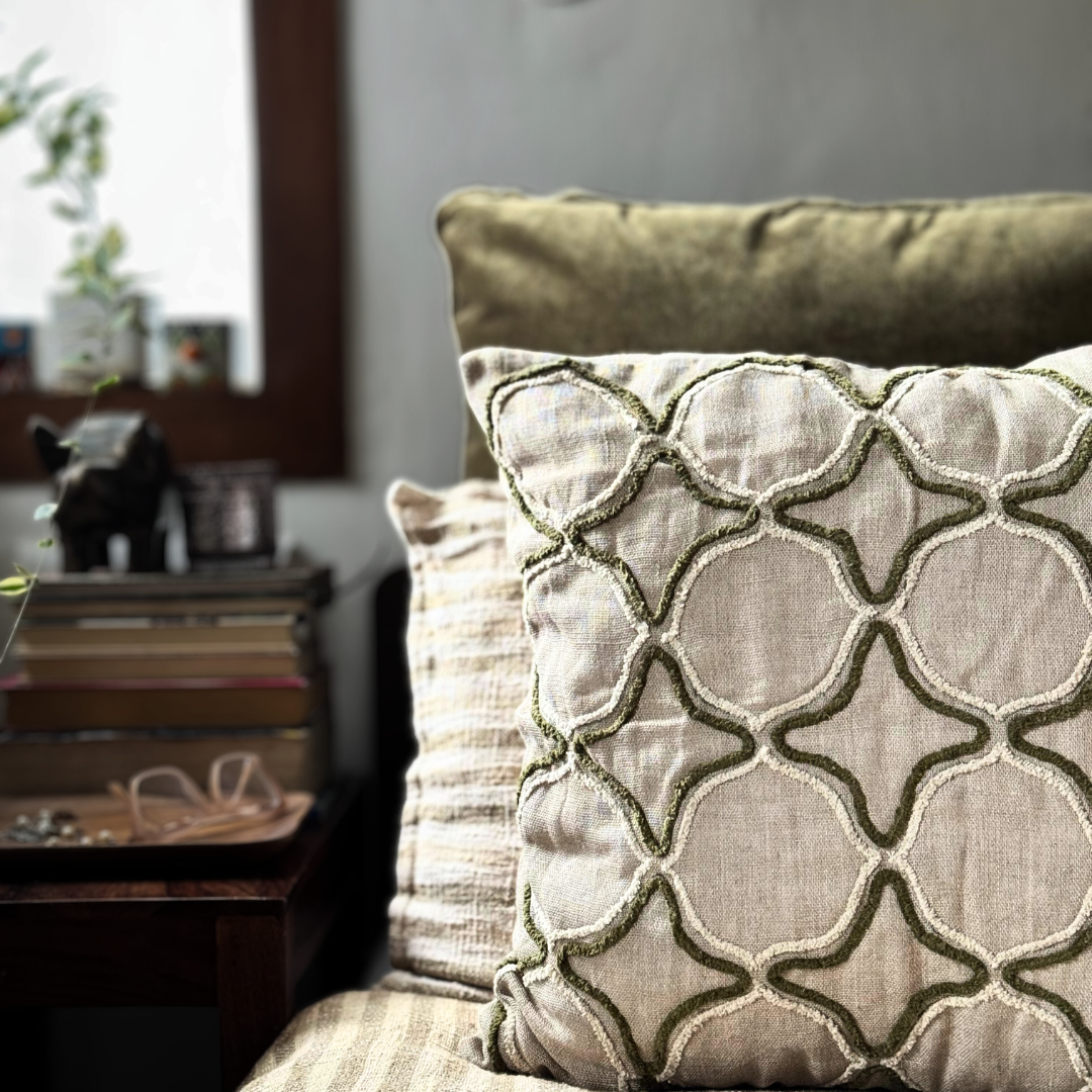 Lattice Embroidered Cushion Cover on Textured Linen