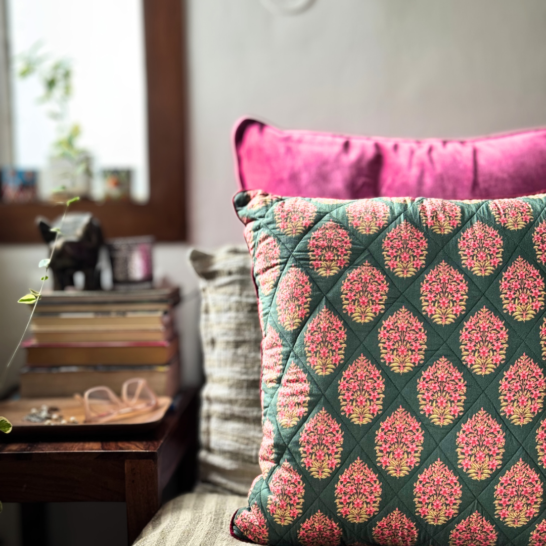 Sunset Bloom Cushion Cover Floral Quilted Cotton