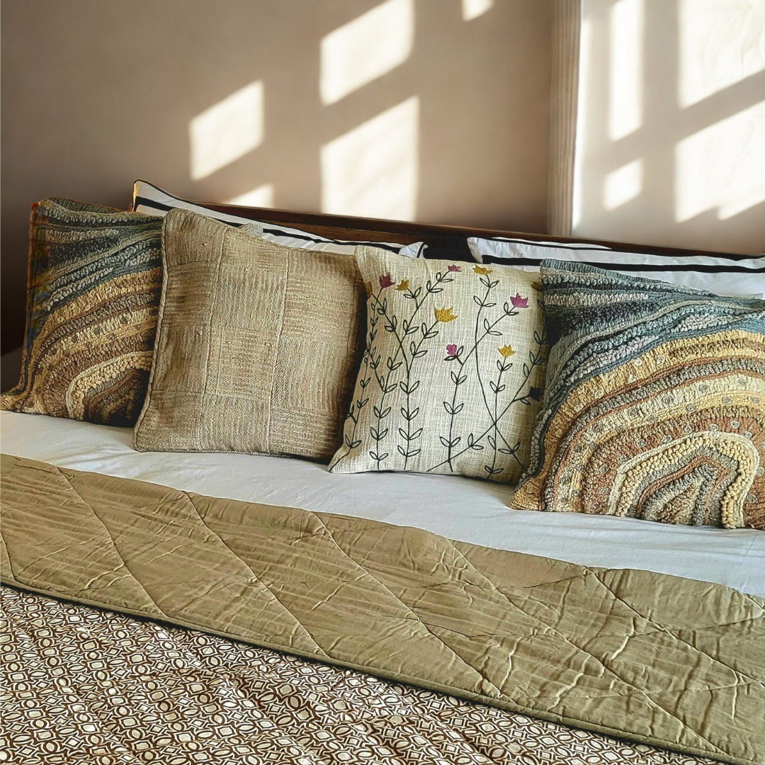 Sandstone Cushion Cover Manual Chenille Embroidery on Cotton