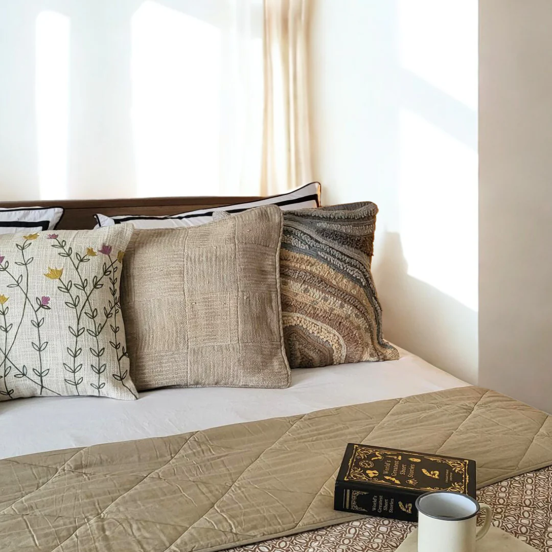 Stonewash Cushion Cover in Textured Khadi Patchwork
