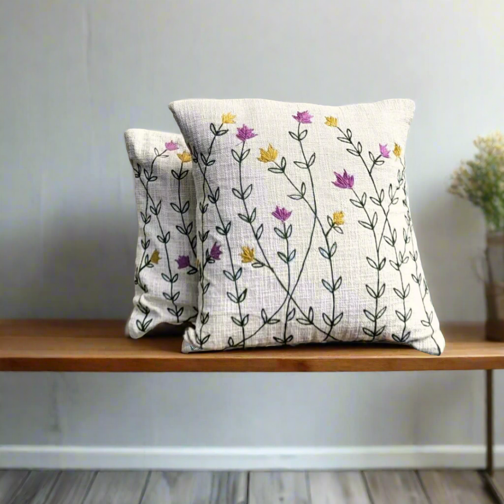 Wildflower Meadow Embroidered Cushion Cover on Textured Cotton