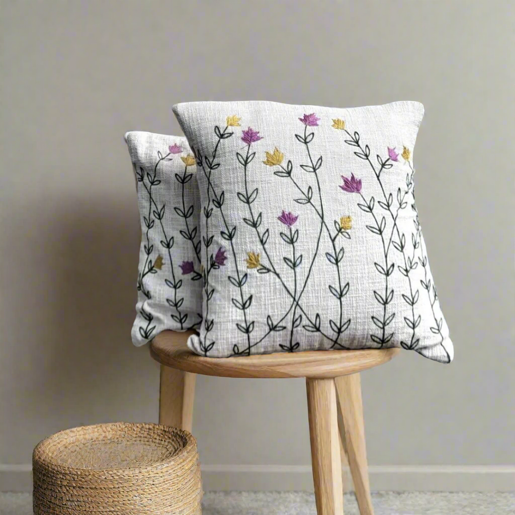 Wildflower Meadow Embroidered Cushion Cover on Textured Cotton