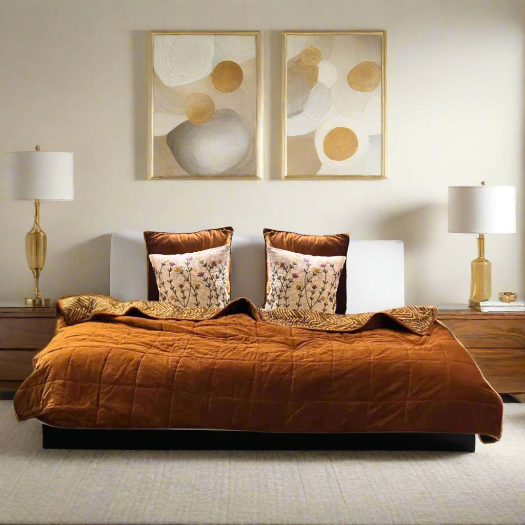 Ochre Creek Cotton Velvet Throw & Quilt Reverse Dabu Print