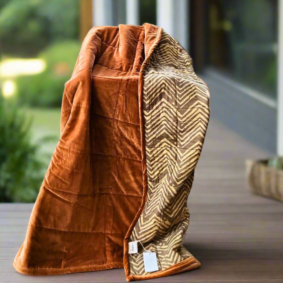 Ochre Creek Cotton Velvet Throw & Quilt Reverse Dabu Print