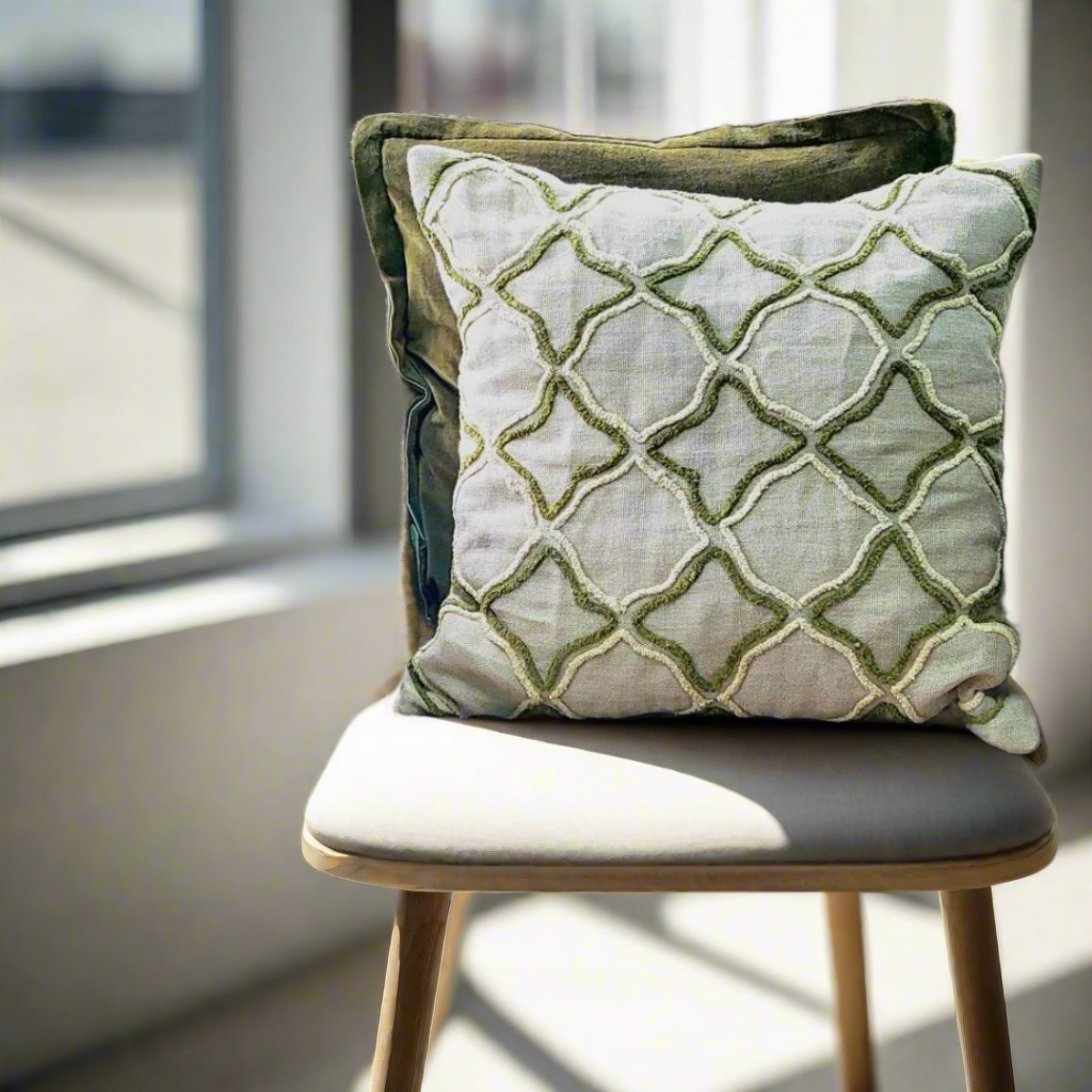 Lattice Embroidered Cushion Cover on Textured Linen