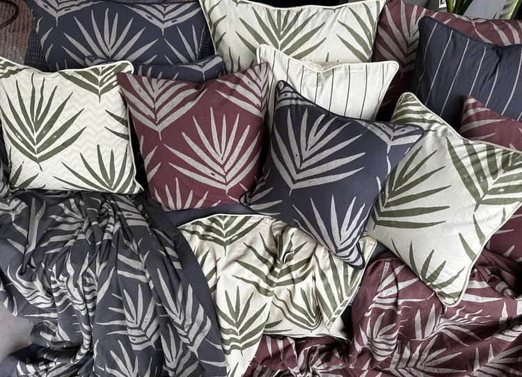 Palm Print & Stripe Cushions in Slate, Eucalyptus & Burnt Sienna tones