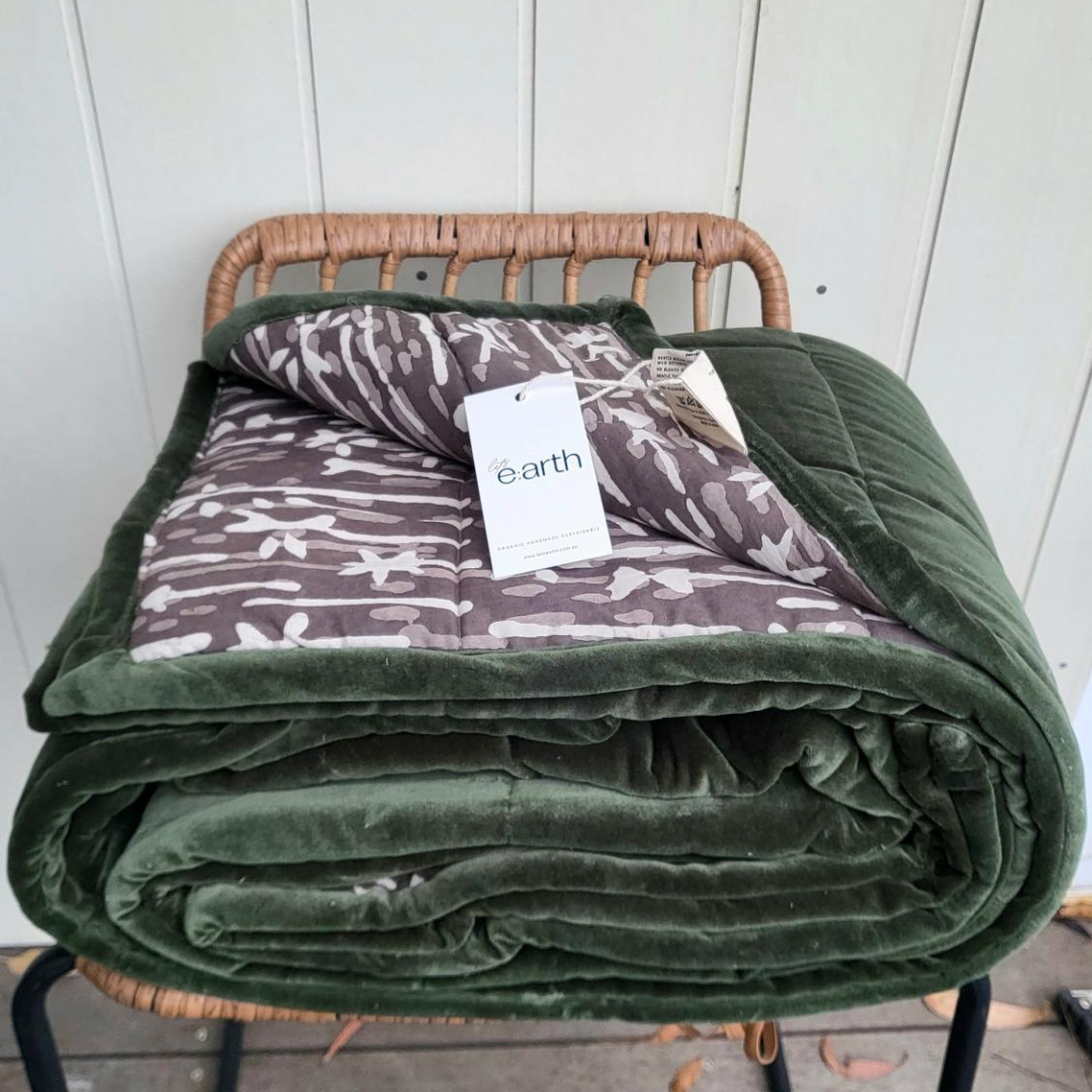 Eucalypt Earth Cotton Velvet Reverse Dabu Print - Throw & Quilt