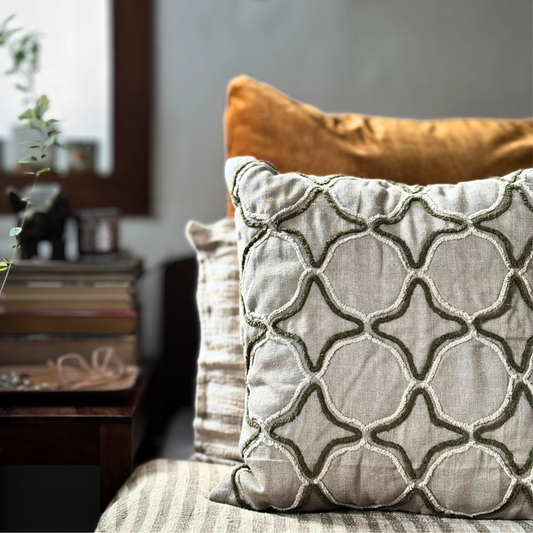 Lattice Embroidered Cushion Cover on Textured Linen