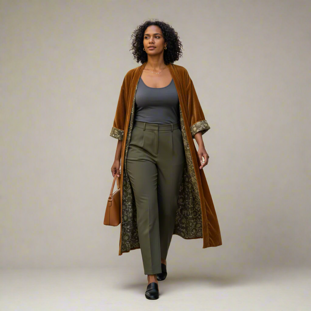 Ochre Vine Cotton Velvet Dabu Kimono