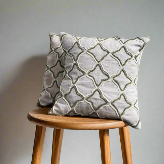 Lattice Embroidered Cushion Cover on Textured Linen
