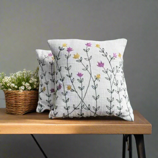 Wildflower Meadow Embroidered Cushion Cover on Textured Cotton