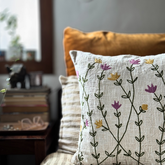 Wildflower Meadow Embroidered Cushion Cover on Textured Cotton