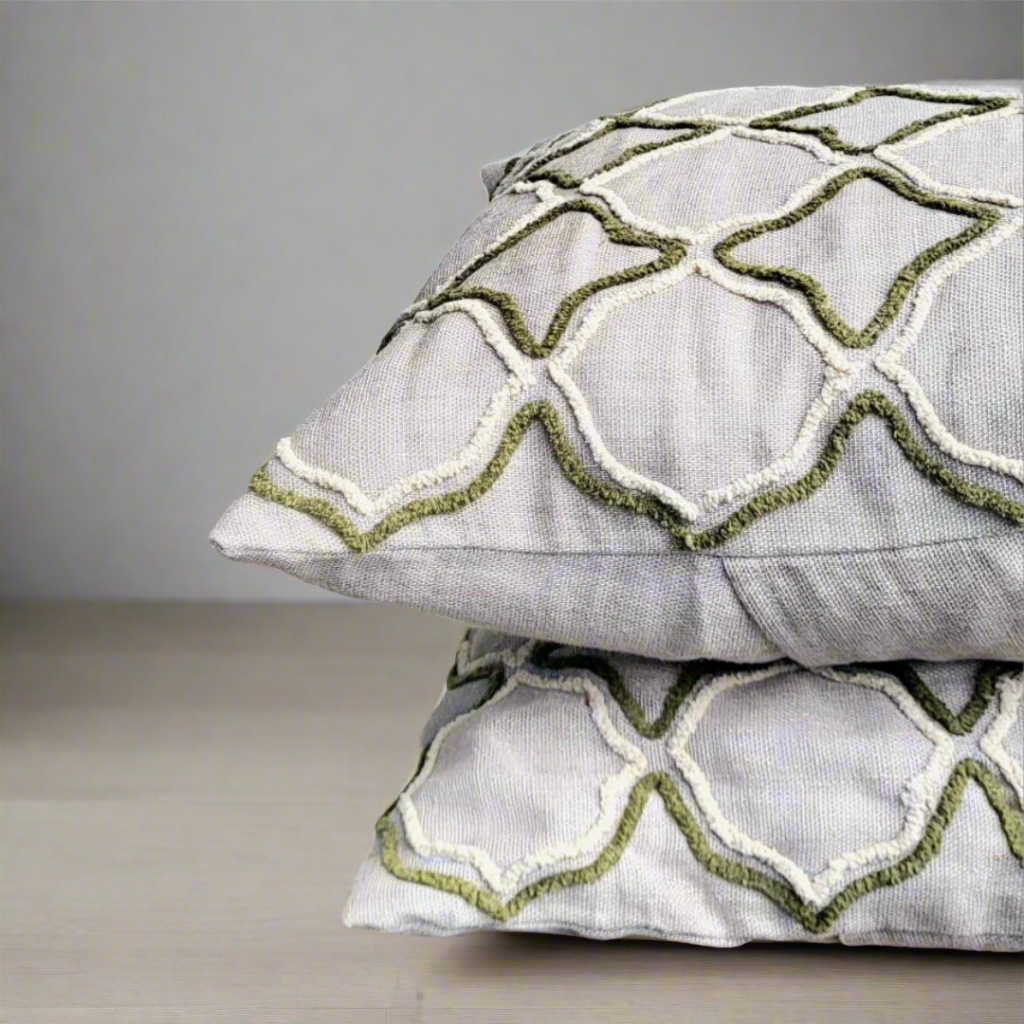 Lattice Embroidered Cushion Cover on Textured Linen