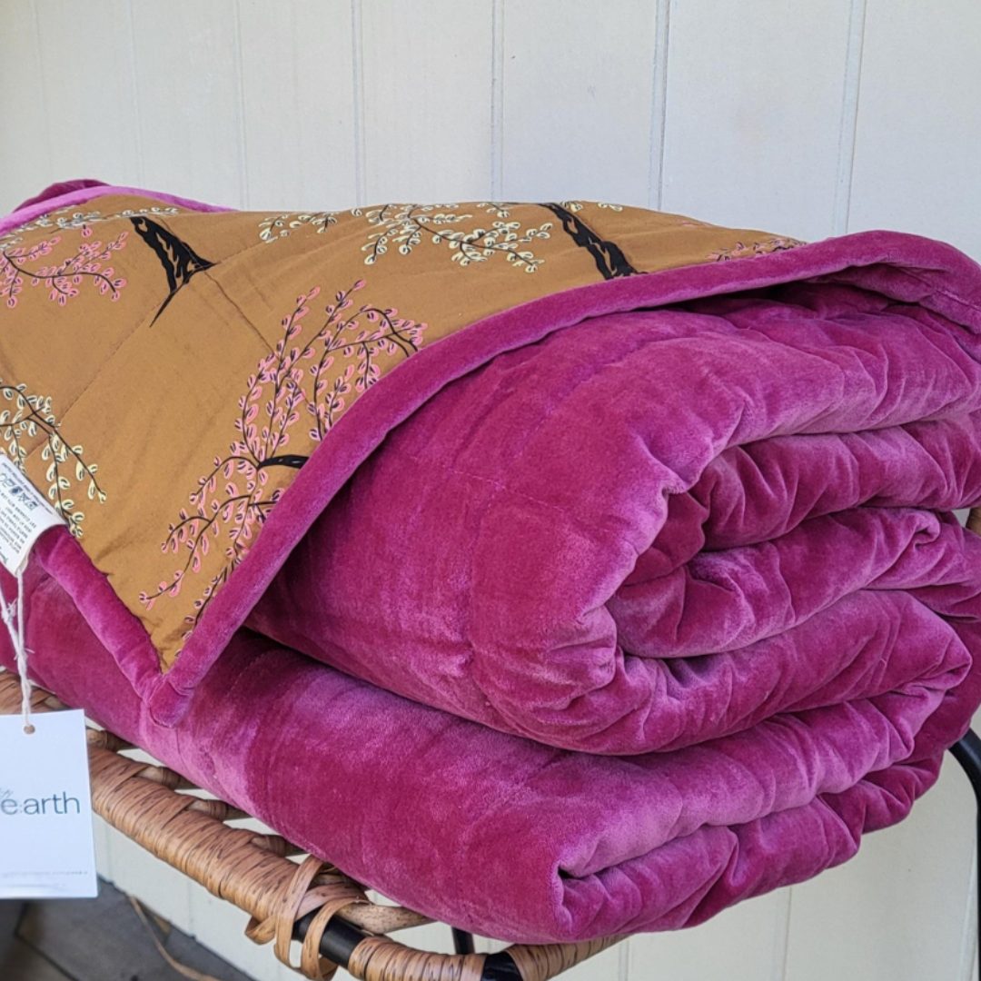 Berry Ode Cotton Velvet Quilt with Reverse Dabu Print