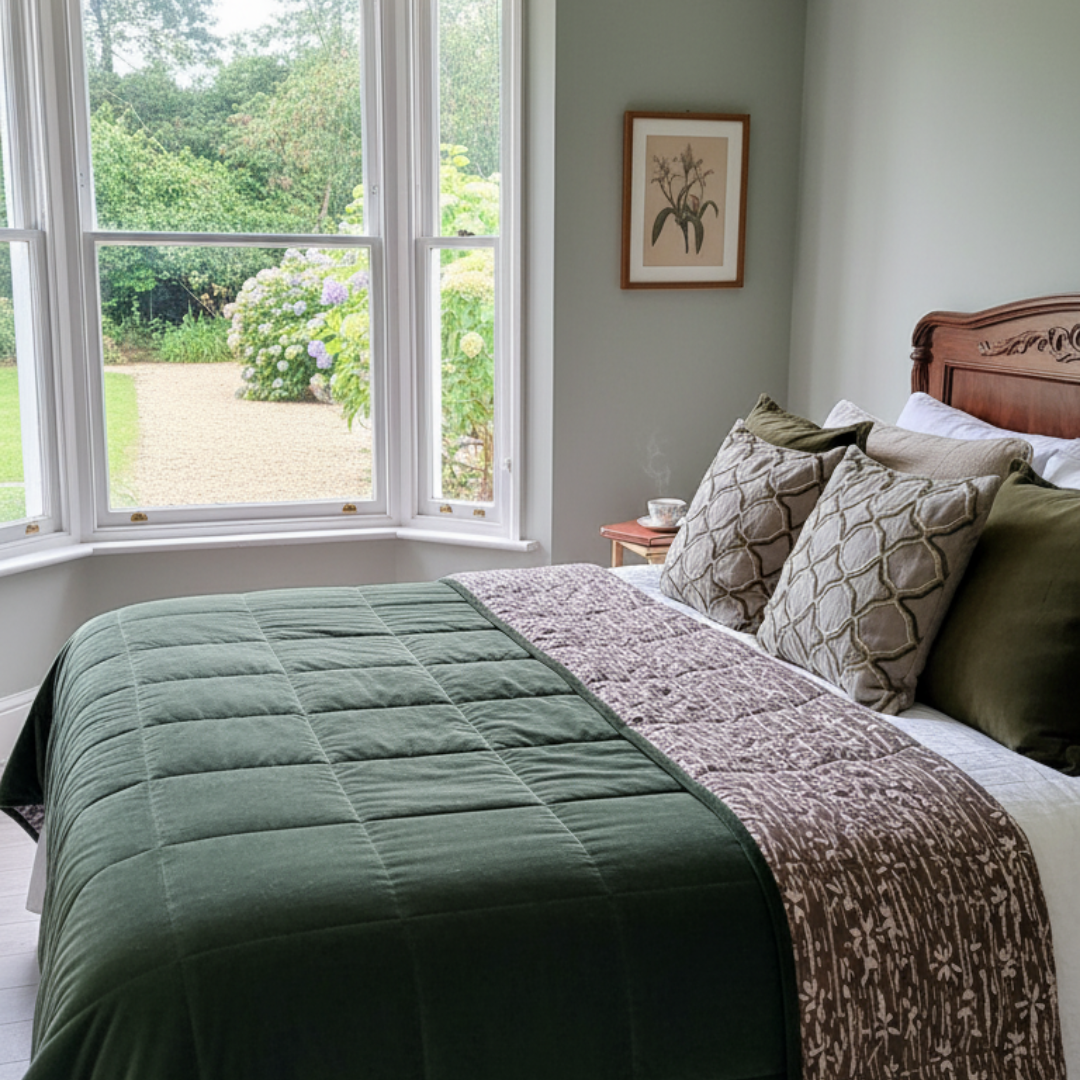 Eucalypt Earth Cotton Velvet Reverse Dabu Print - Throw & Quilt