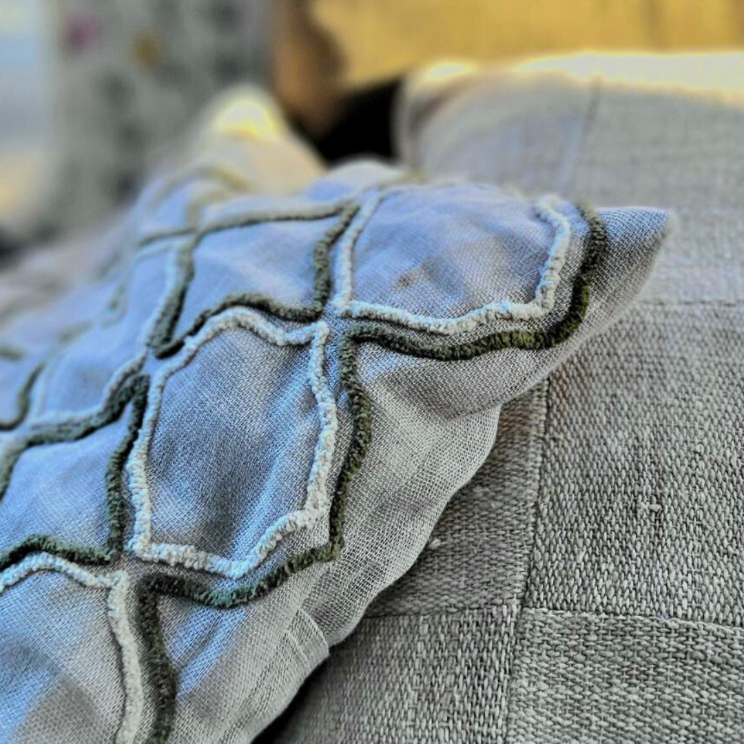 Lattice Embroidered Cushion Cover on Textured Linen